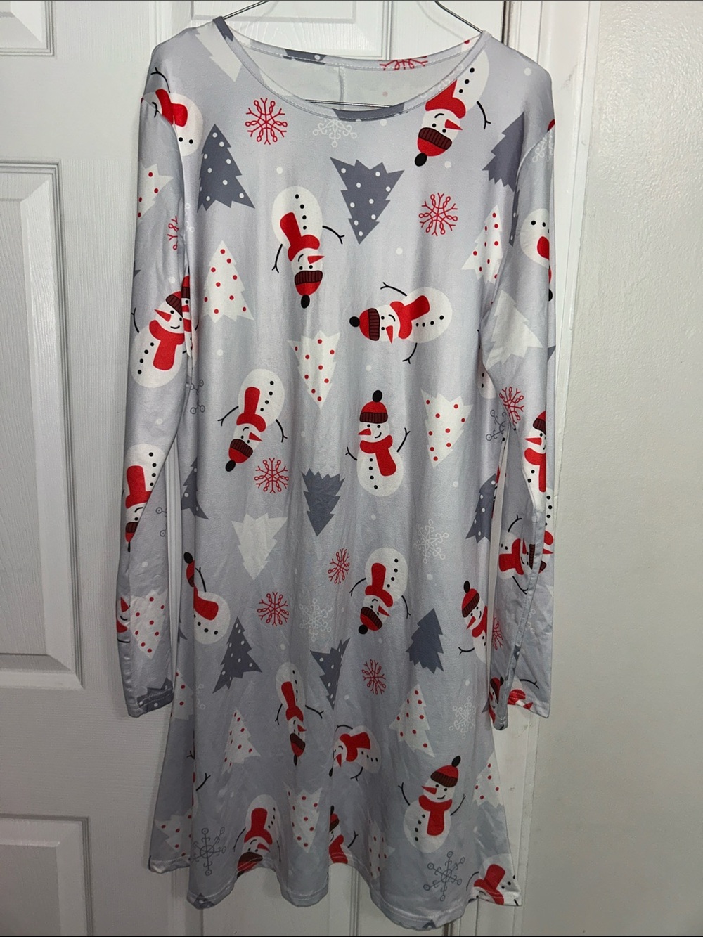 Holiday Snowman Midi Dress in Light Gray and Red